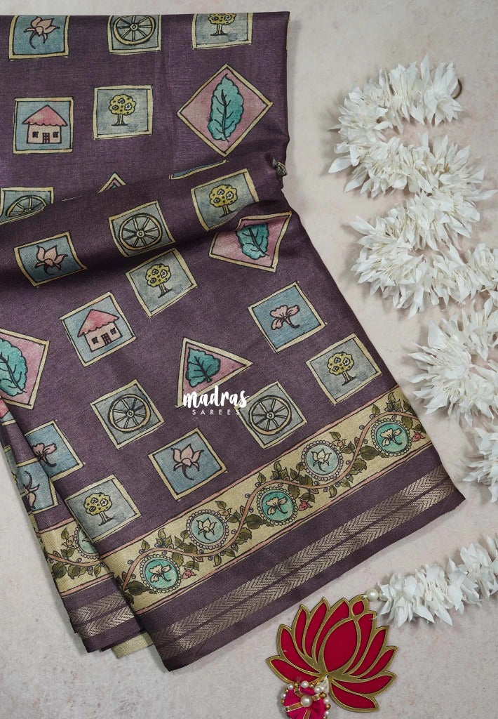 Muted Purple - Roopa - Premium Chappa semi Tussar Silk with Cute Doodle Print - Perfect Office Wear | Casual Wear