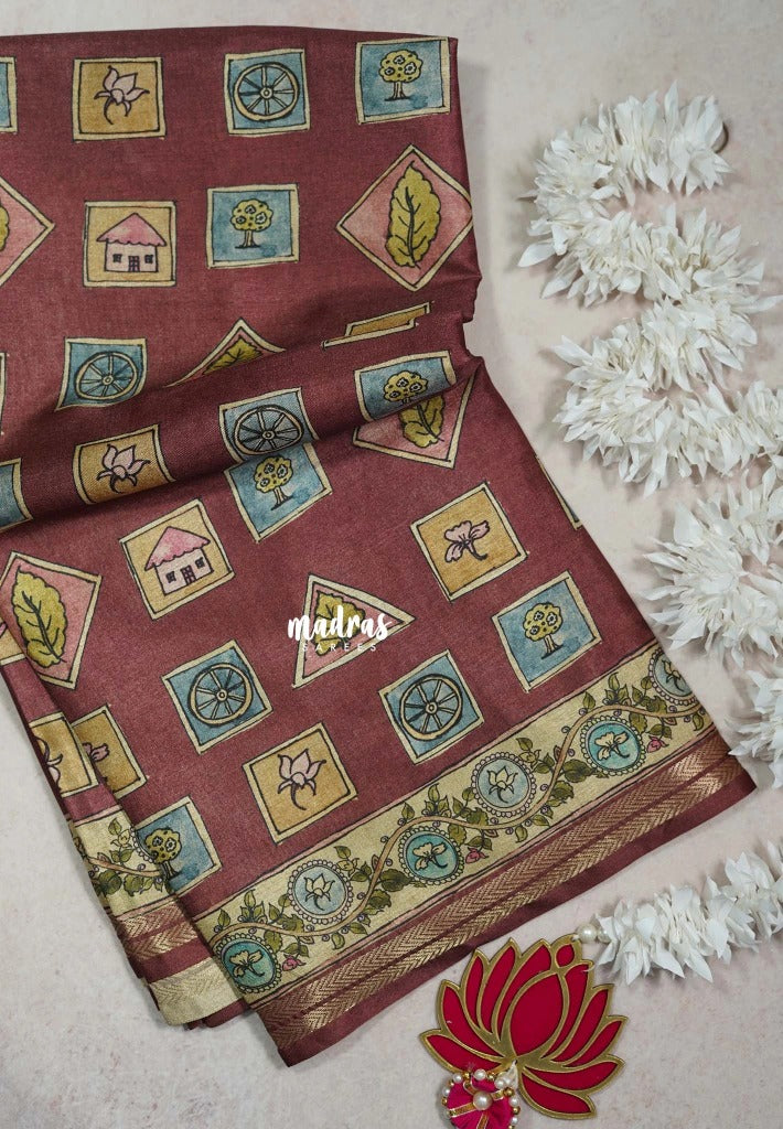 Antique Rosewood - Roopa - Premium Chappa semi Tussar Silk with Cute Doodle Print - Perfect Office Wear | Casual Wear