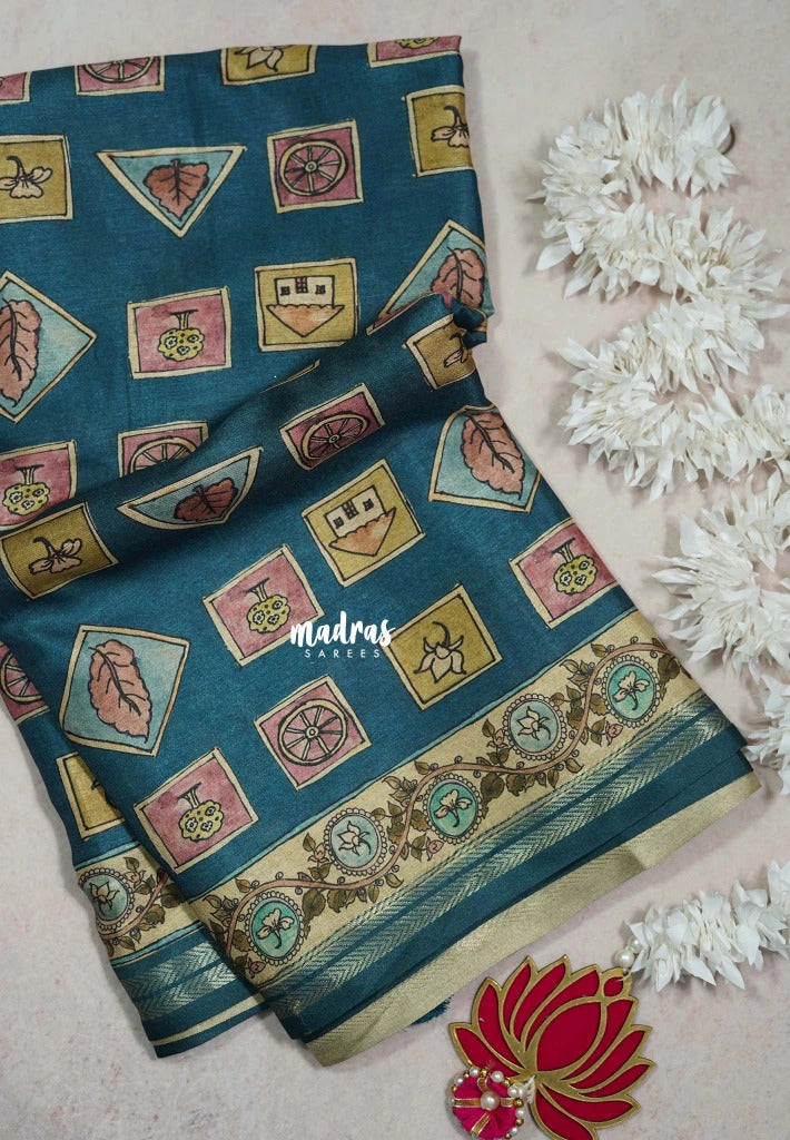 Muted Teal Blue - Roopa - Premium Chappa semi Tussar Silk with Cute Doodle Print - Perfect Office Wear | Casual Wear