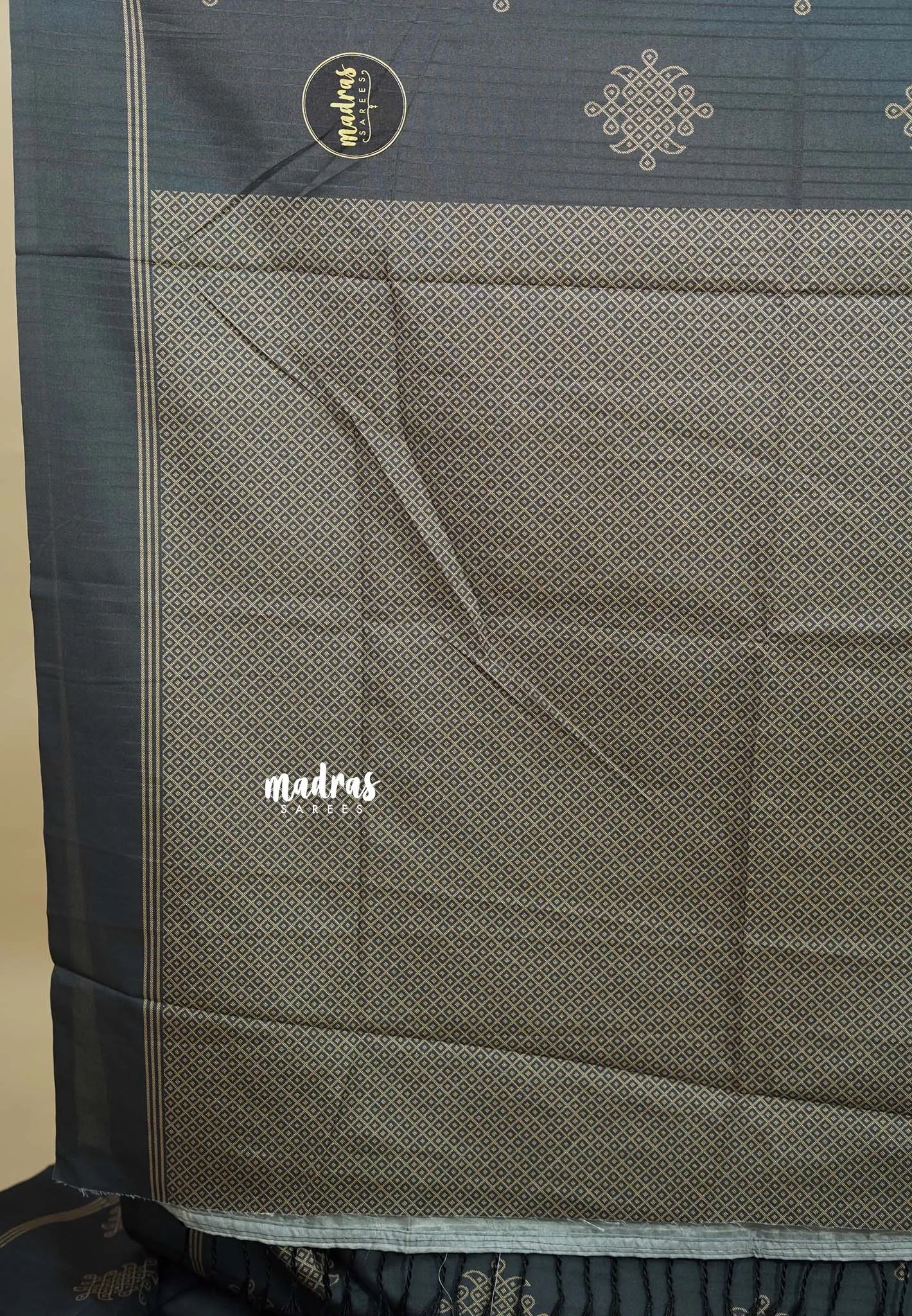 Dark Grey - Chithiram - Soft Paper Silk Saree with Kolam prints