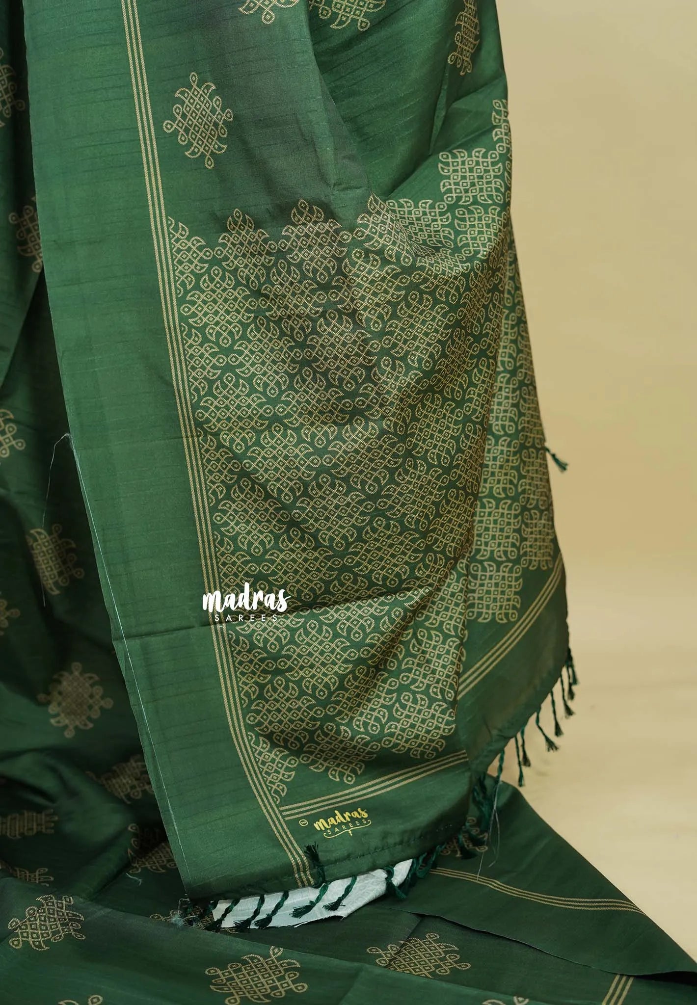 Forest Green - Chithiram - Soft Paper Silk Saree with Kolam prints