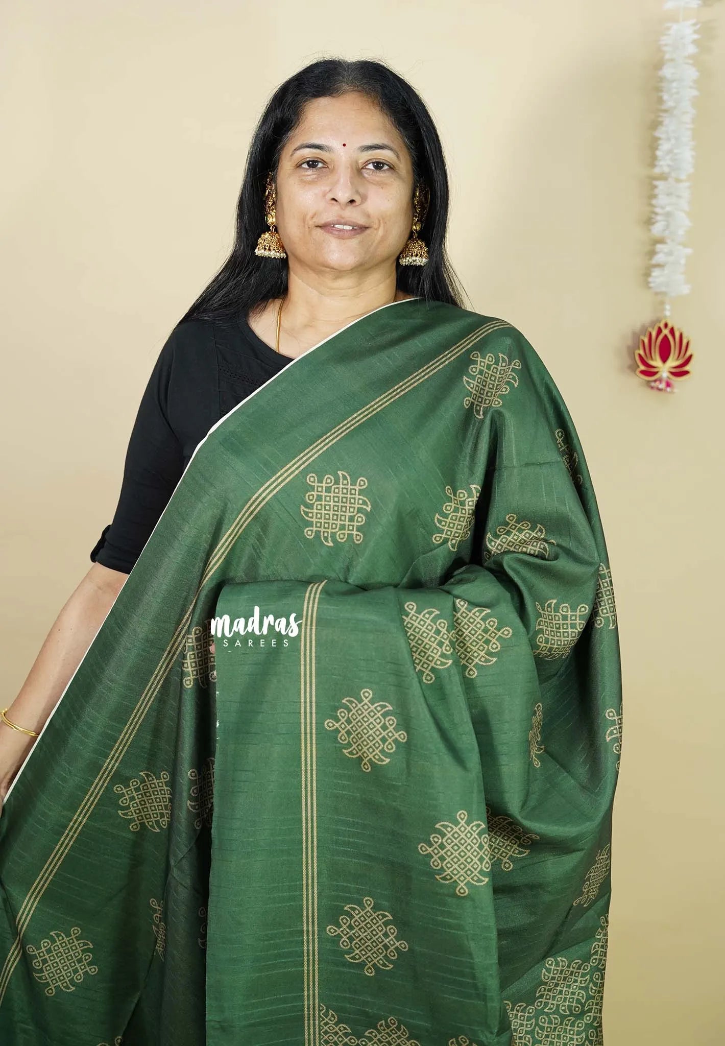 Forest Green - Chithiram - Soft Paper Silk Saree with Kolam prints