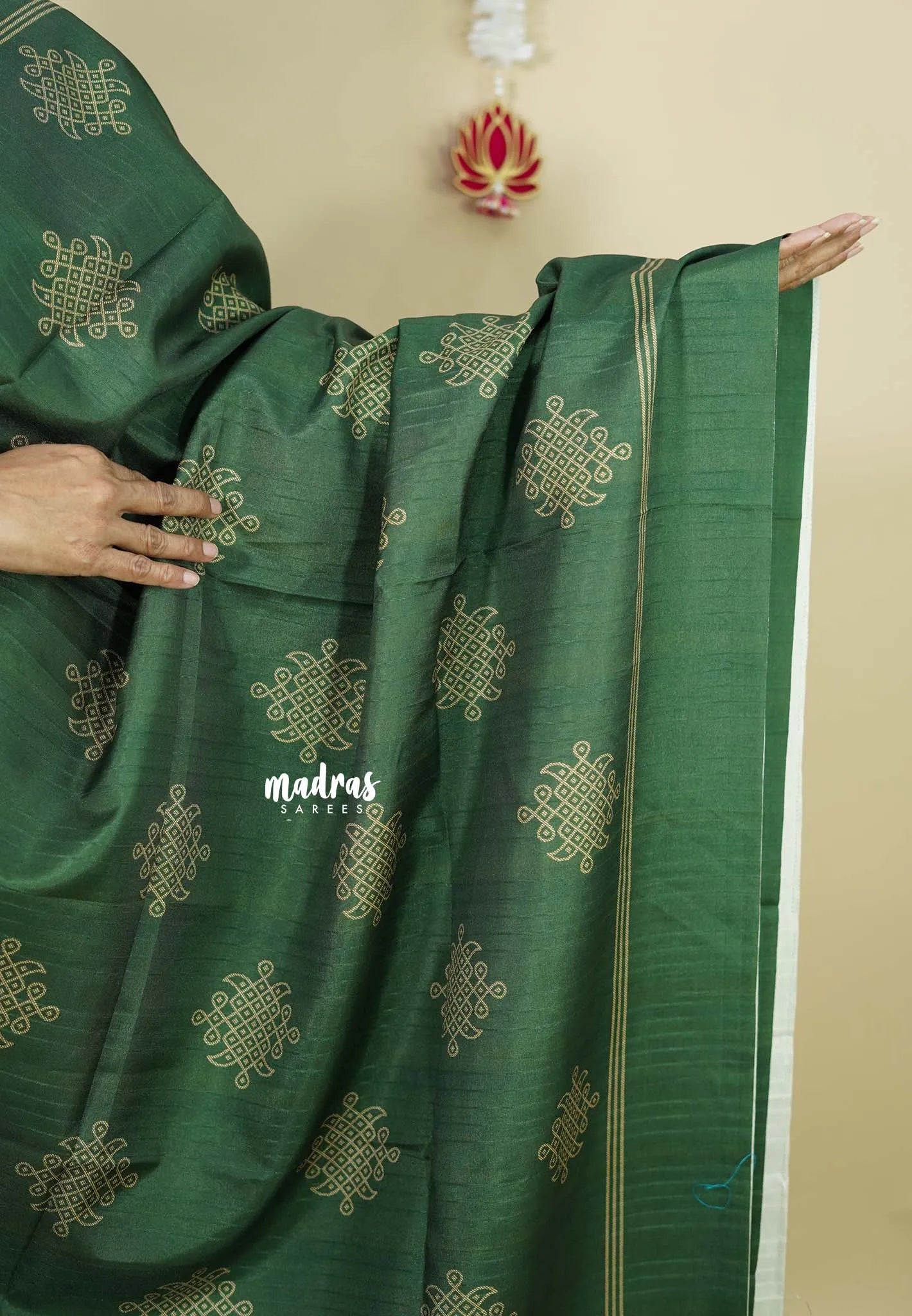 Forest Green - Chithiram - Soft Paper Silk Saree with Kolam prints