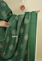 Forest Green - Chithiram - Soft Paper Silk Saree with Kolam prints