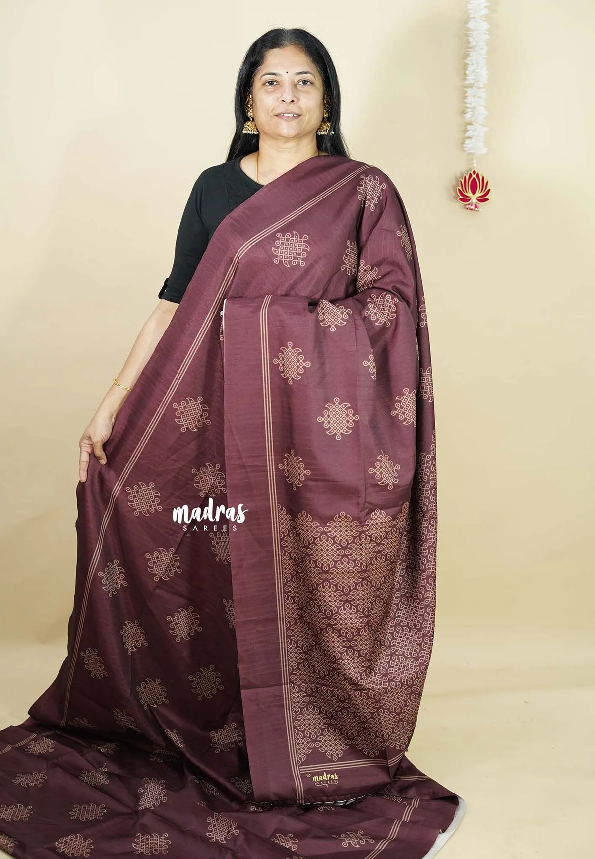 Wine Brown - Chithiram - Soft Paper Silk Saree with Kolam prints