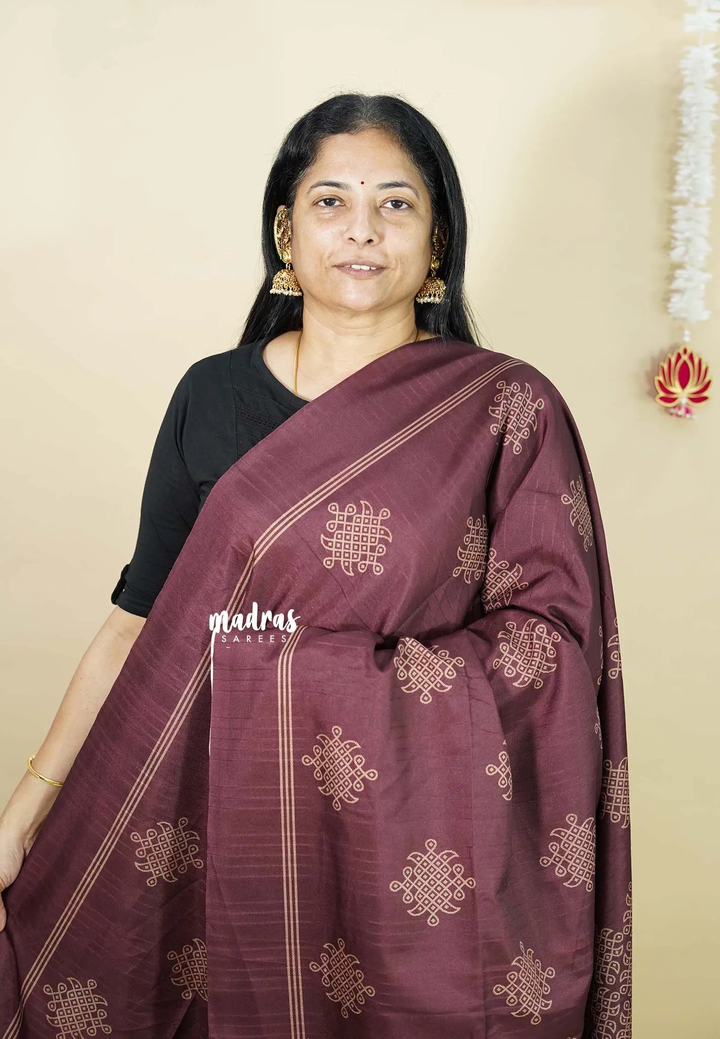 Wine Brown - Chithiram - Soft Paper Silk Saree with Kolam prints