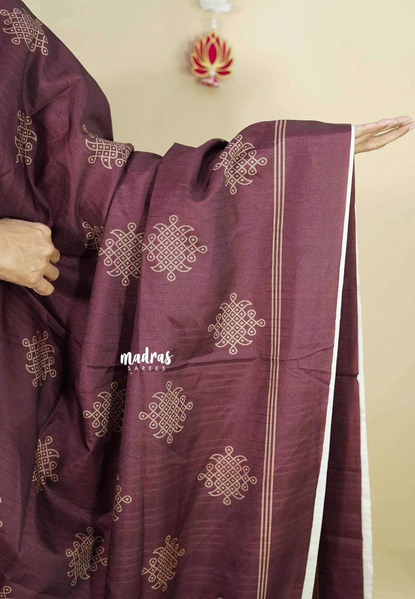 Wine Brown - Chithiram - Soft Paper Silk Saree with Kolam prints