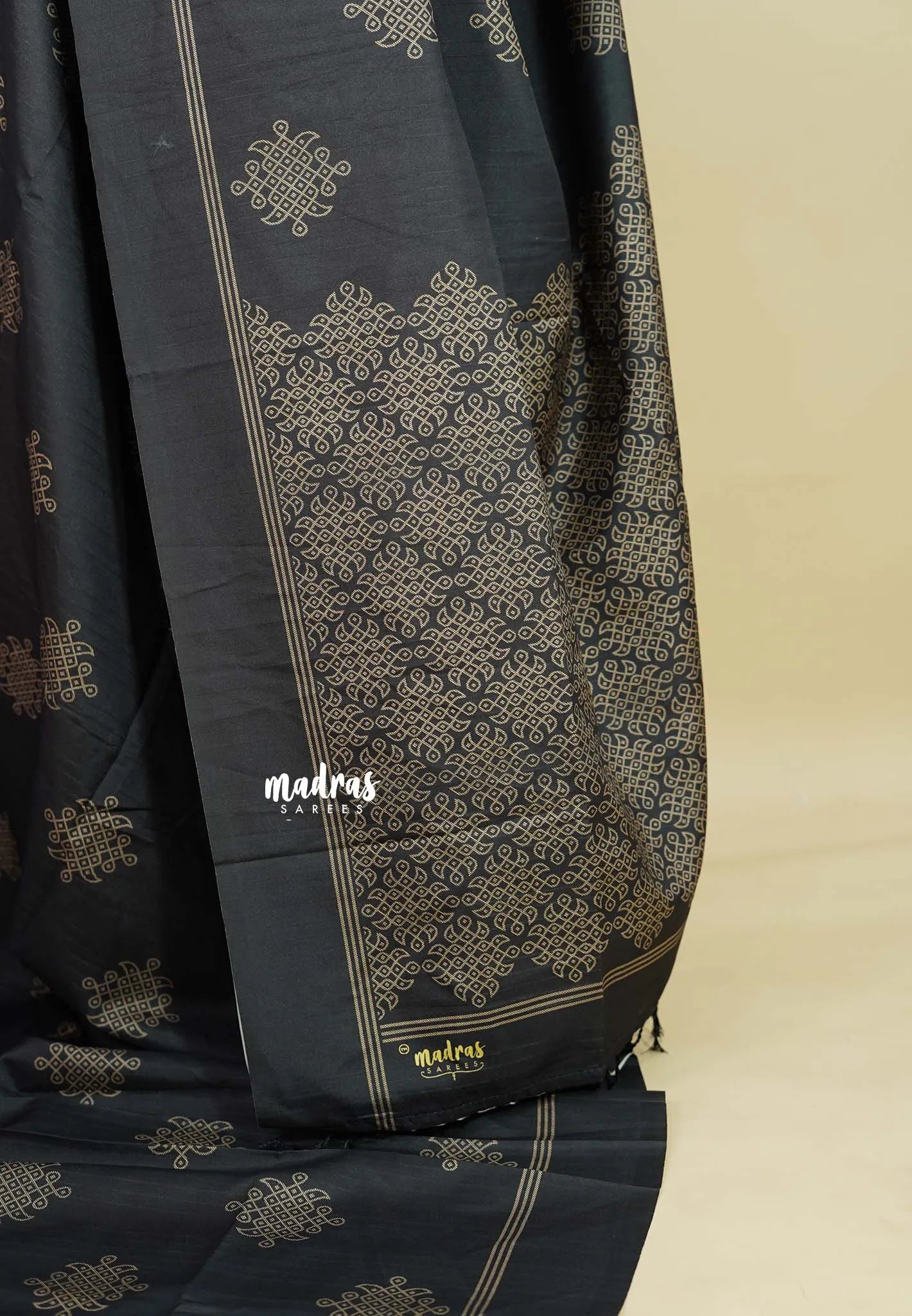 Black - Chithiram - Soft Paper Silk Saree with Kolam prints