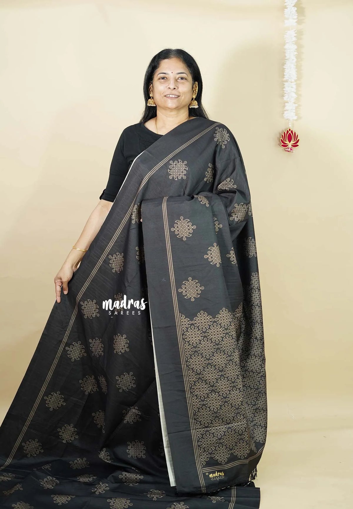 Black - Chithiram - Soft Paper Silk Saree with Kolam prints