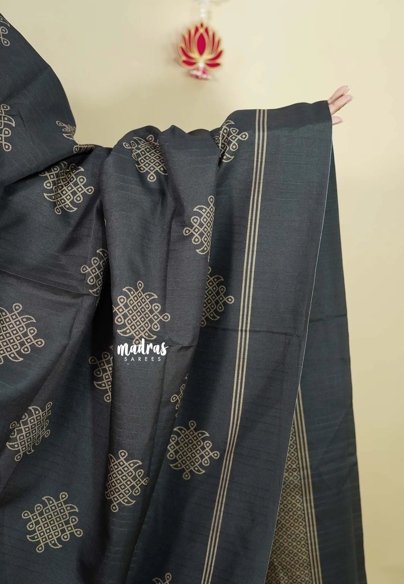 Black - Chithiram - Soft Paper Silk Saree with Kolam prints
