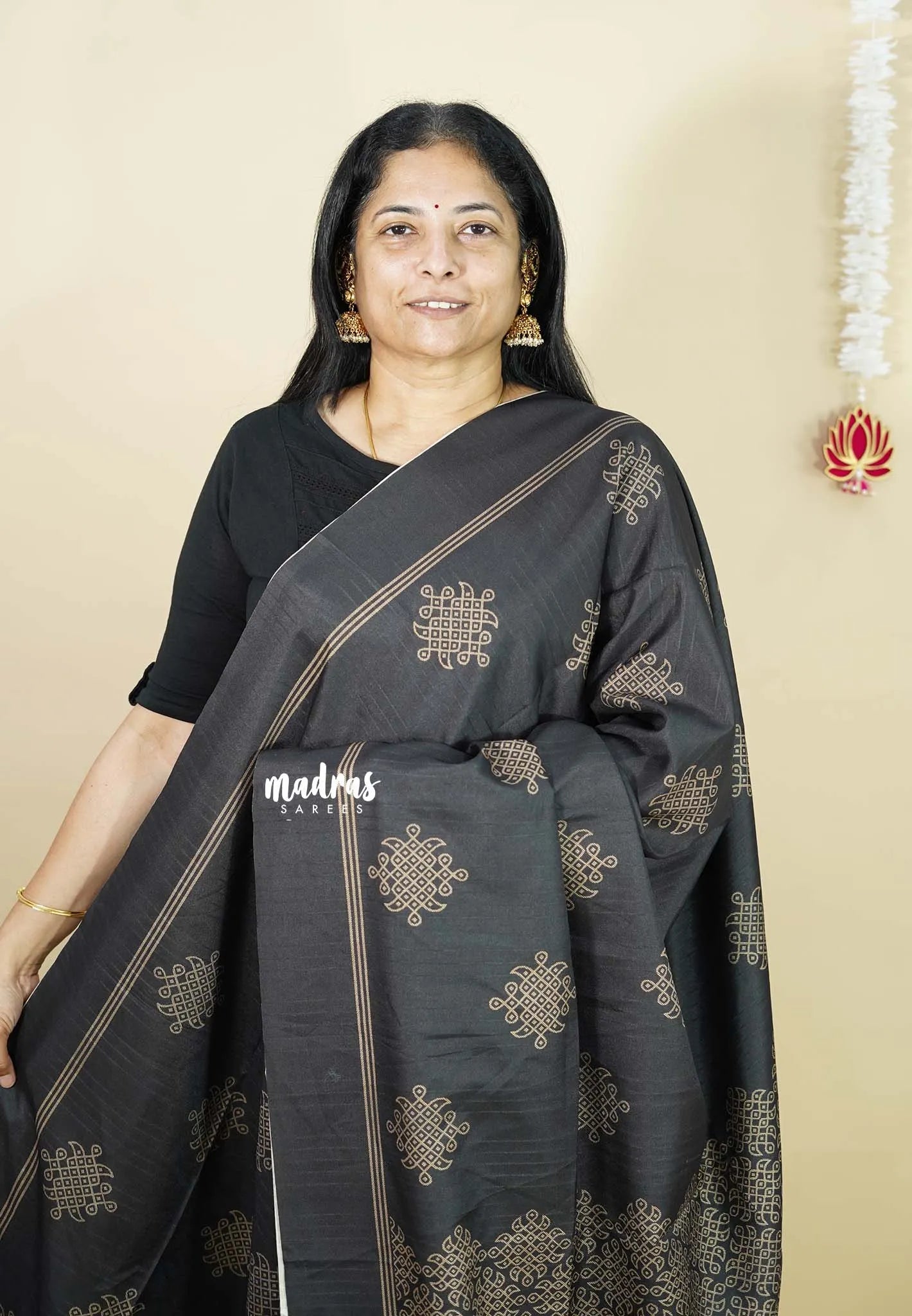 Black - Chithiram - Soft Paper Silk Saree with Kolam prints