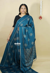 Teal Blue - Chithiram - Soft Paper Silk Saree with Kolam prints