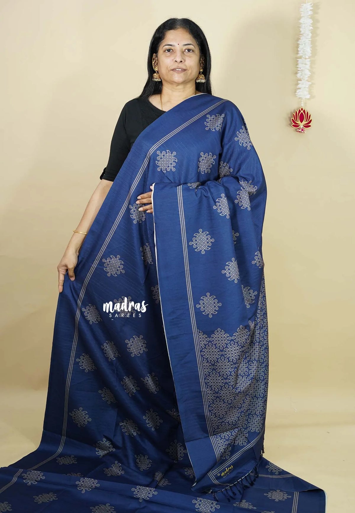 Navy Blue - Chithiram - Soft Paper Silk Saree with Kolam prints