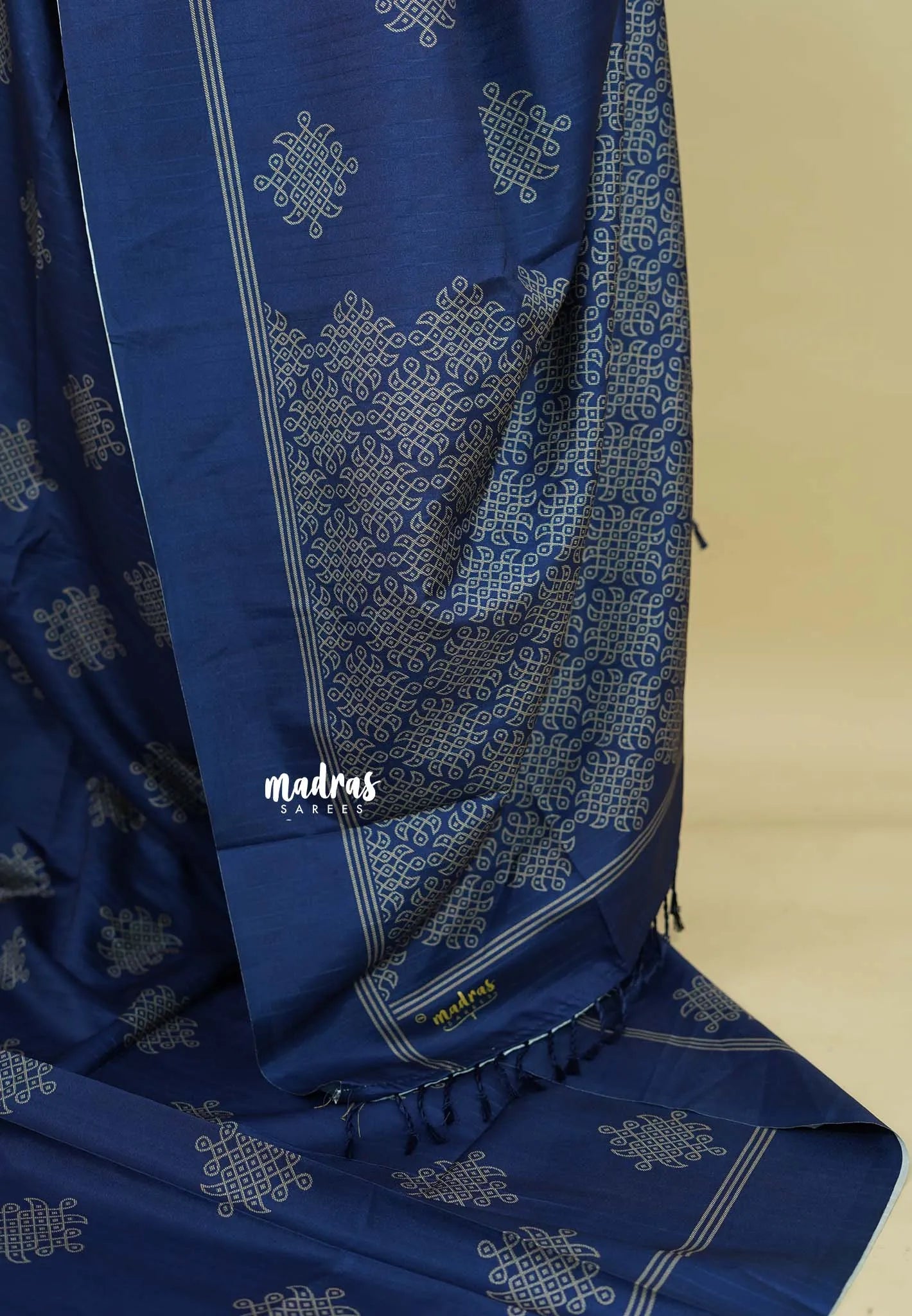 Navy Blue - Chithiram - Soft Paper Silk Saree with Kolam prints