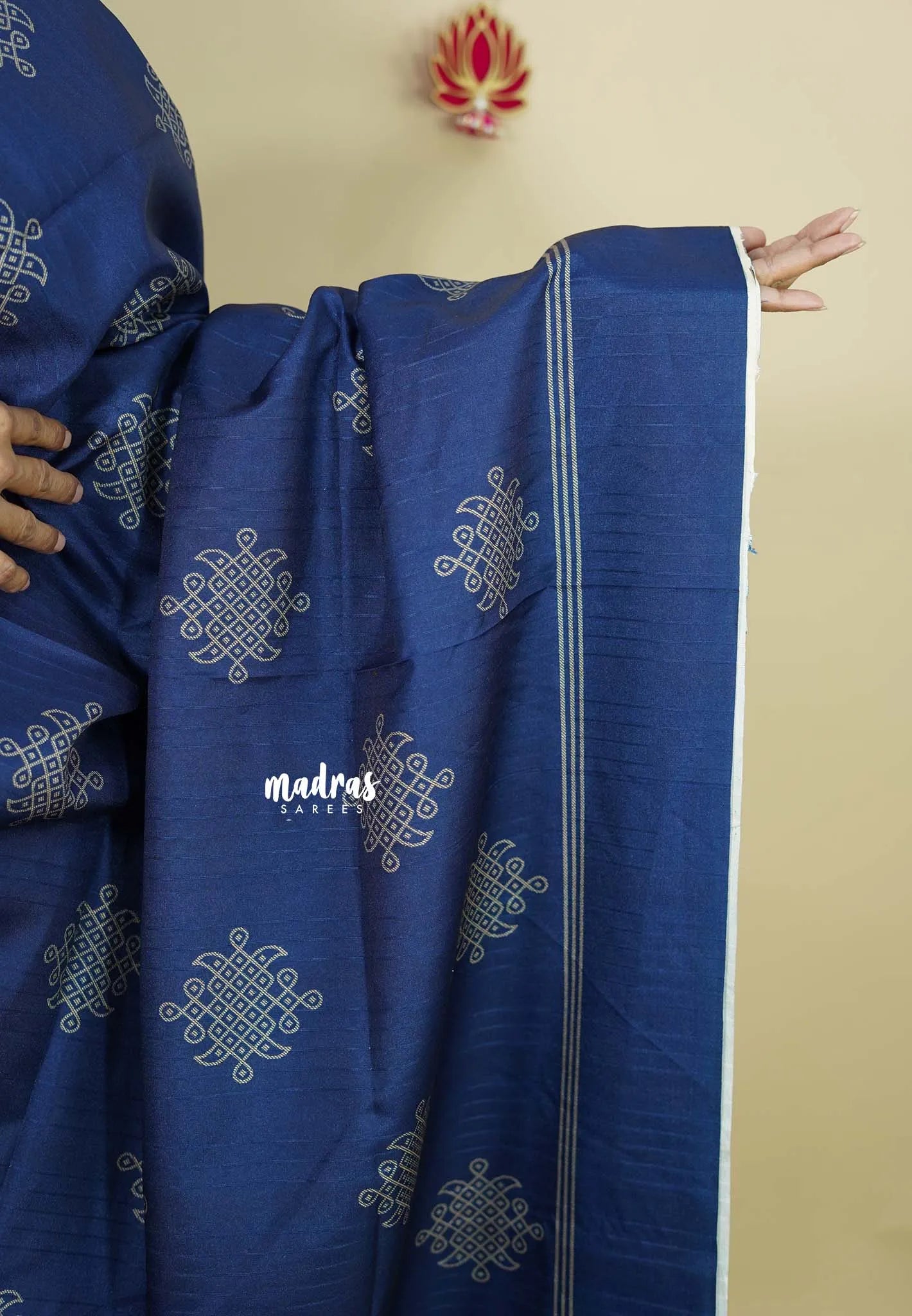 Navy Blue - Chithiram - Soft Paper Silk Saree with Kolam prints