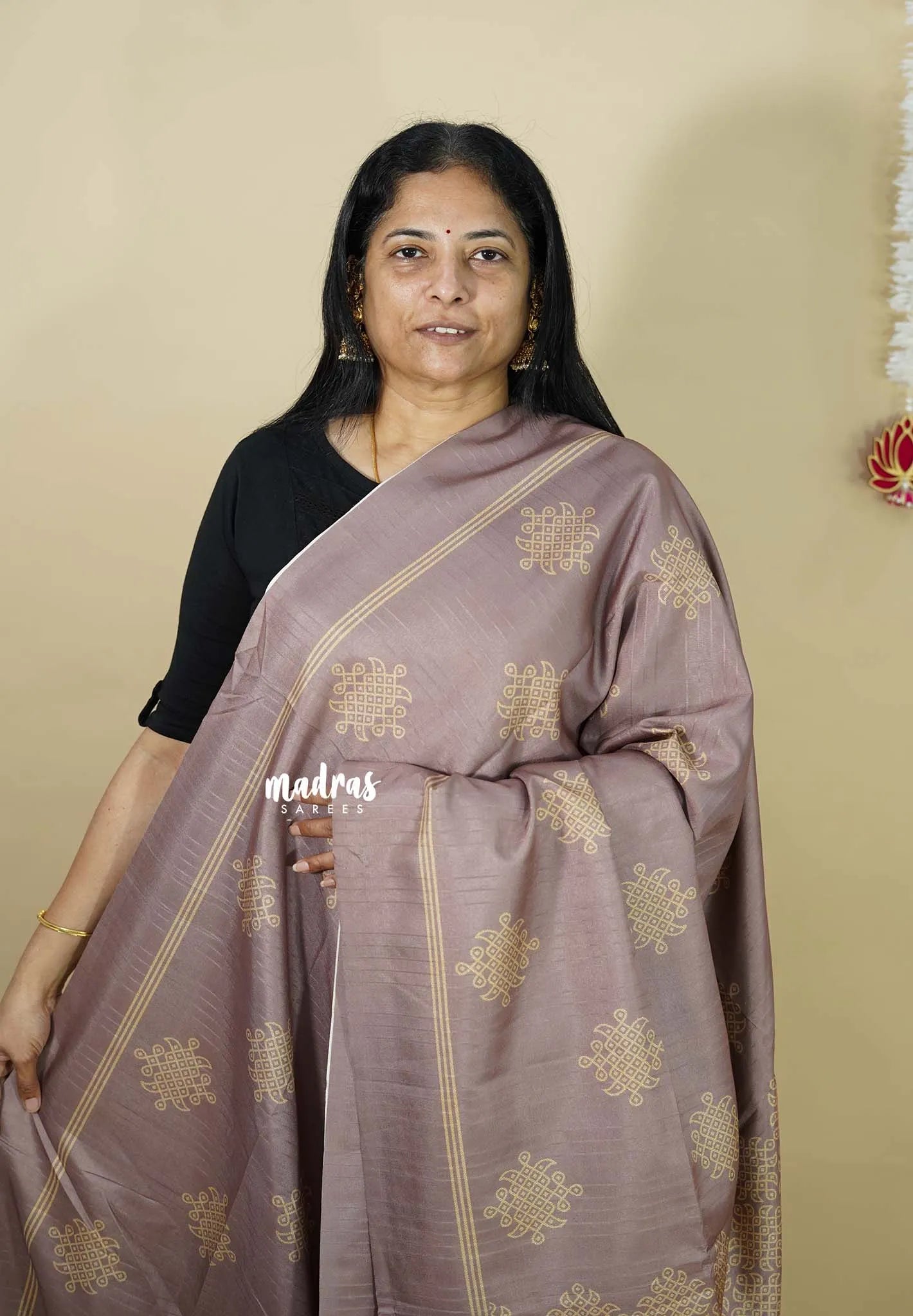 Mauve Taupe - Chithiram - Soft Paper Silk Saree with Kolam prints