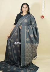 Dark Grey - Chithiram - Soft Paper Silk Saree with Kolam prints
