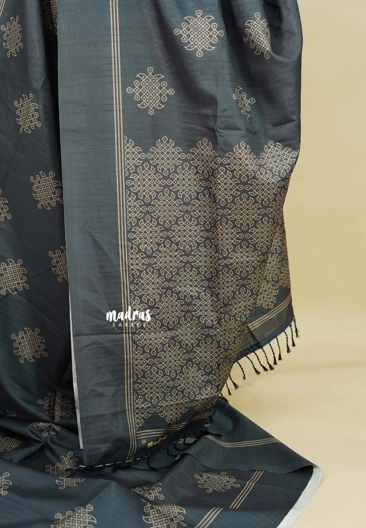 Dark Grey - Chithiram - Soft Paper Silk Saree with Kolam prints
