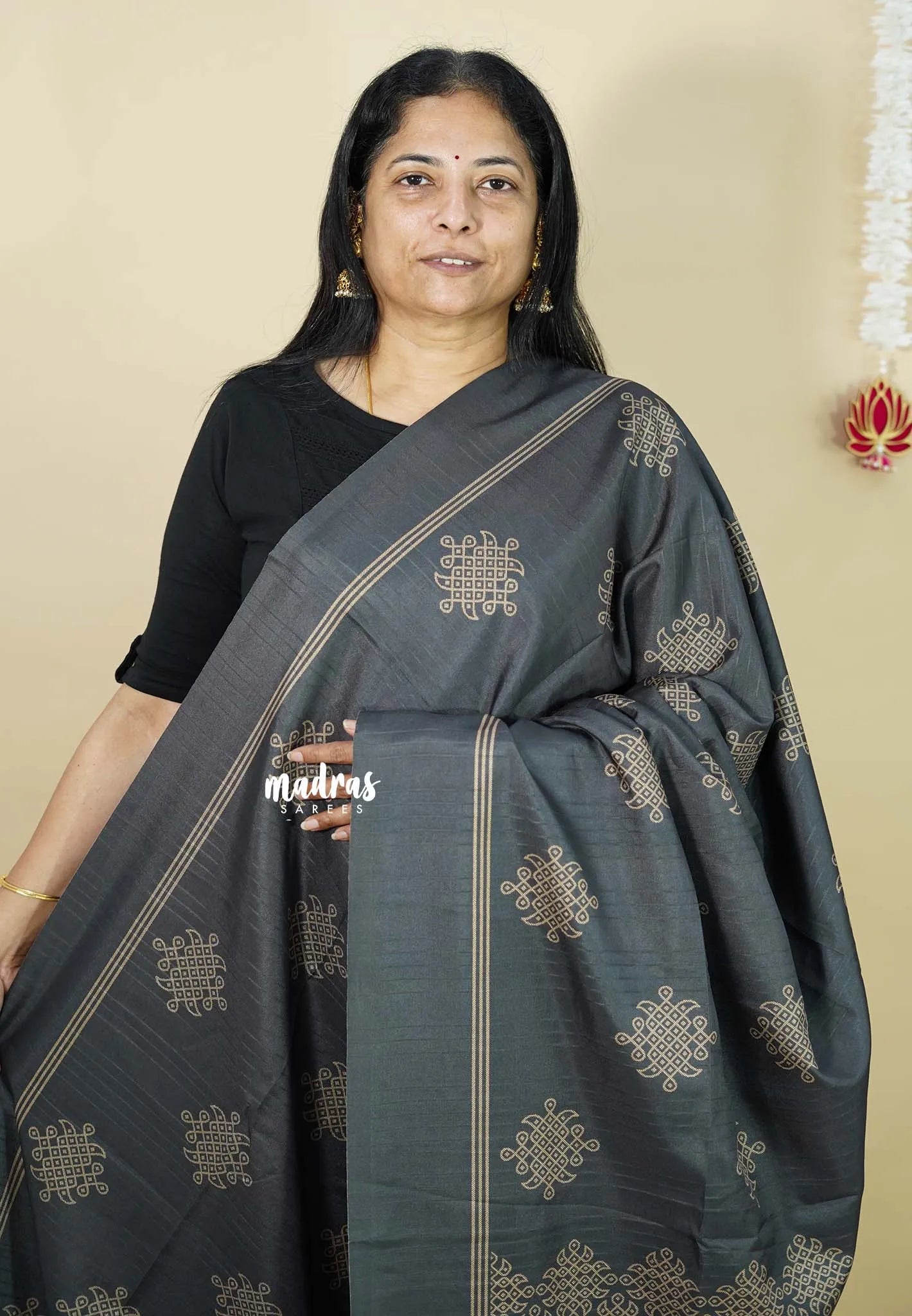 Dark Grey - Chithiram - Soft Paper Silk Saree with Kolam prints