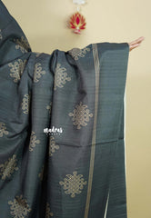 Dark Grey - Chithiram - Soft Paper Silk Saree with Kolam prints