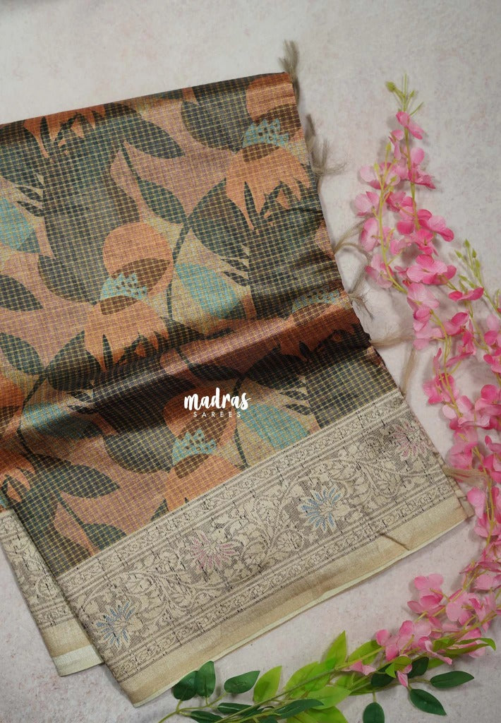 Multicolor with Bronze Bloom - Yamini Paper Silk with Moden Prints with Zari Style Printed Border - Perfect Office Wear | Casual Wear