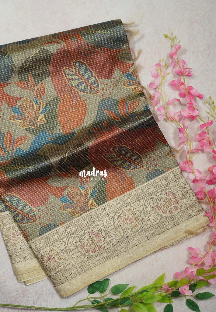 Multicolor with Ash Grey - Yamini Paper Silk with Moden Prints with Zari Style Printed Border - Perfect Office Wear | Casual Wear
