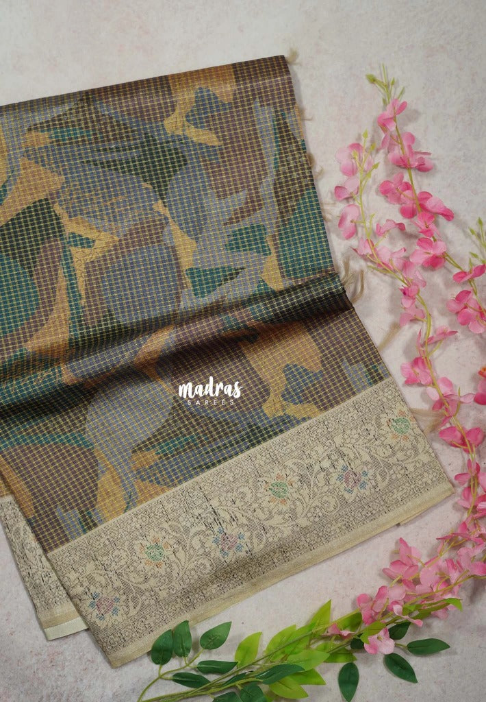 Multicolor with Mustard - Yamini Paper Silk with Moden Prints with Zari Style Printed Border - Perfect Office Wear | Casual Wear