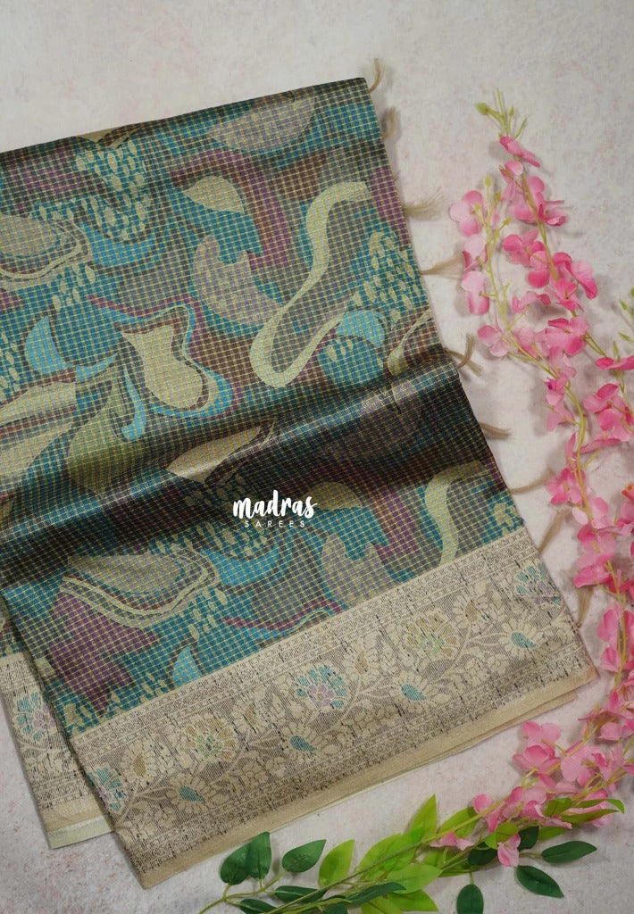 Multicolor with Teal - Yamini Paper Silk with Moden Prints with Zari Style Printed Border - Perfect Office Wear | Casual Wear