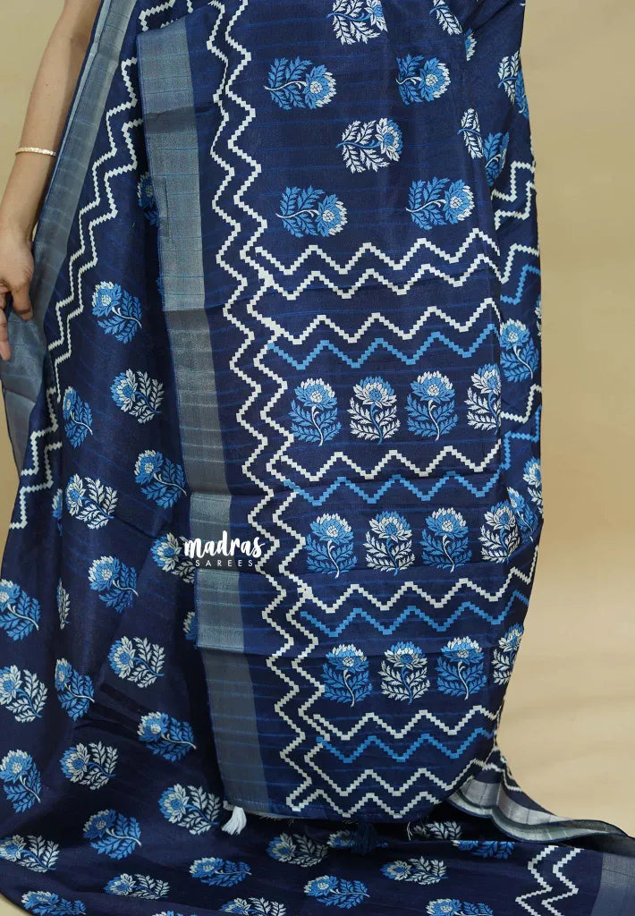 Indigo Blue - Zara Malgudi  printed silk with Bagru Prints