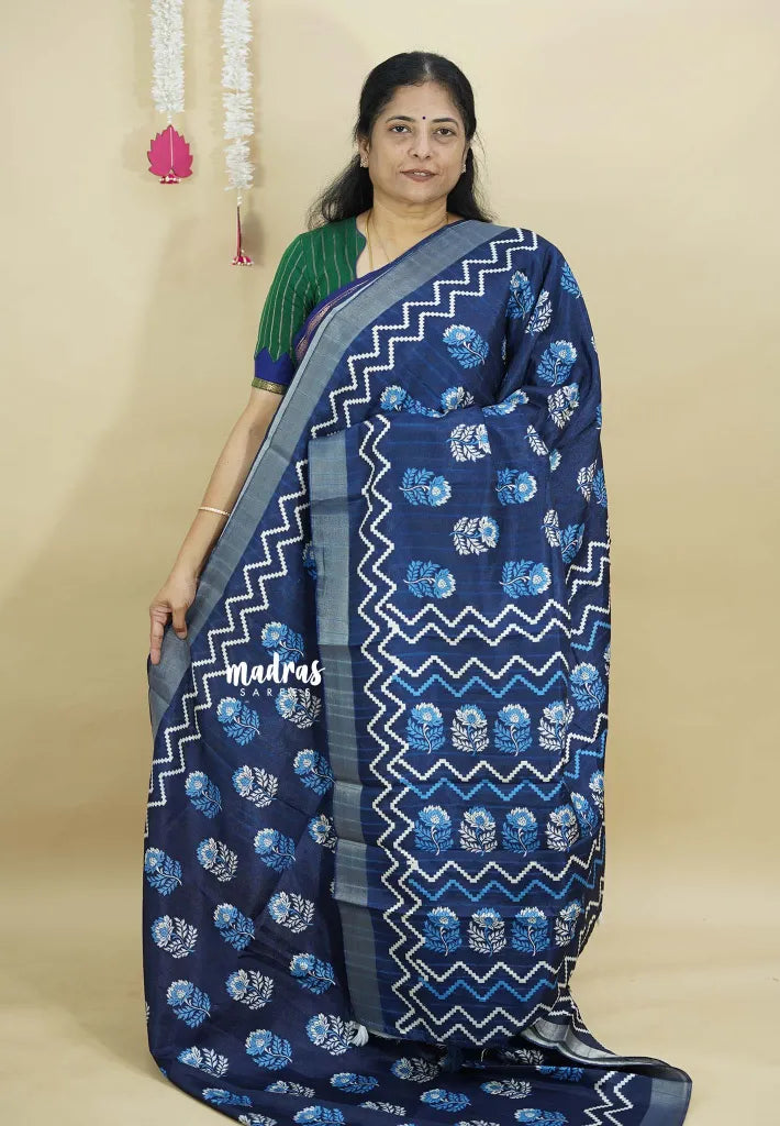 Indigo Blue - Zara Malgudi  printed silk with Bagru Prints