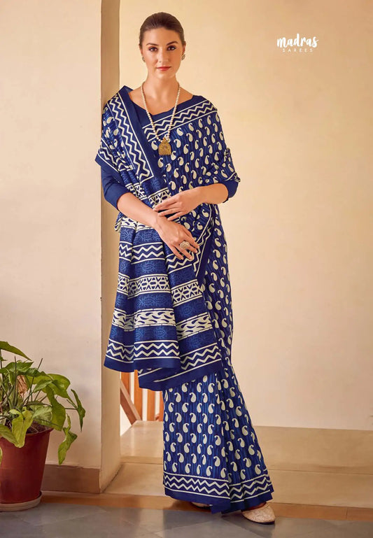 Zara Malgudi Fusion printed silk Bagru prints Indigo blue