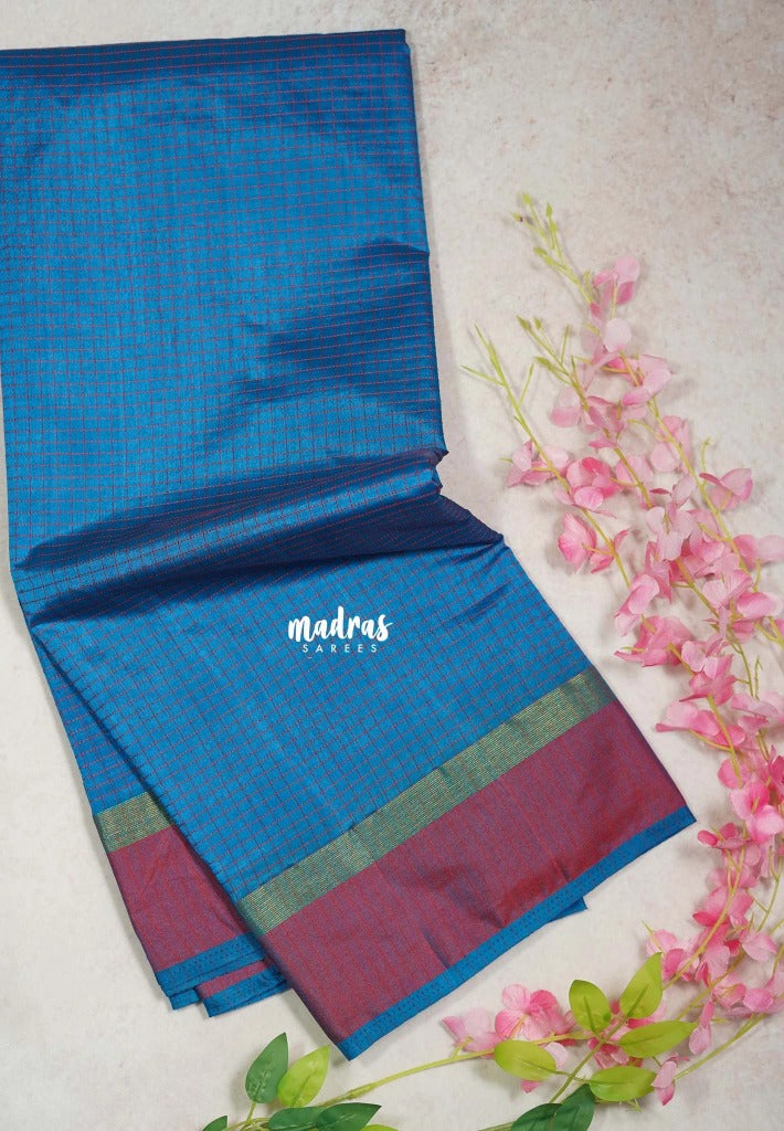 Peacock Blue - Arani Semi Silk Saree Muthukattam with Skirt Border - Best for Regular Wear | Temple Visit