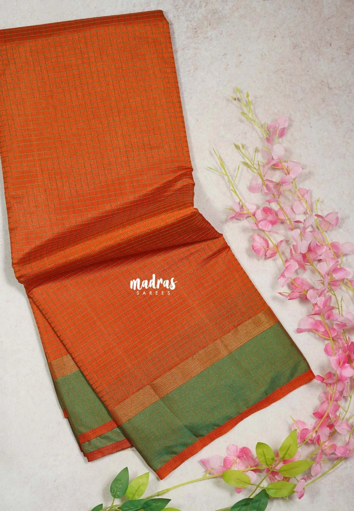 Saffron Orange - Arani Semi Silk Saree Muthukattam with Skirt Border - Best for Regular Wear | Temple Visit
