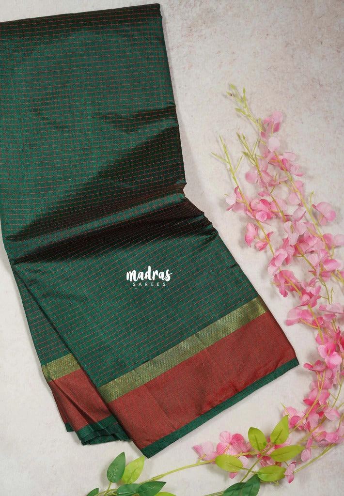 Midnight Green - Arani Semi Silk Saree Muthukattam with Skirt Border - Best for Regular Wear | Temple Visit