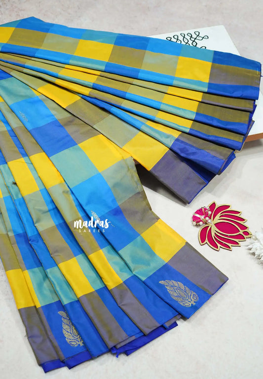Blue yellow kattam - Arani semi silk saree multi colour checks - Paalum Pazhamum