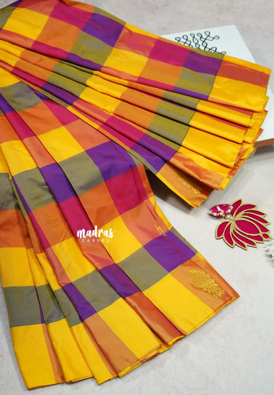 Purple yellow kattam - Arani semi silk saree multi colour checks - Paalum Pazhamum