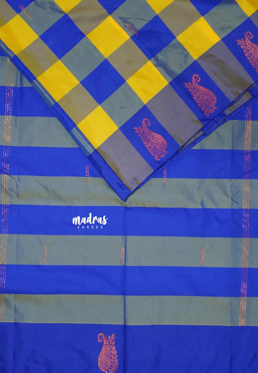 MS Blue yellow kattam - Arani semi silk saree multi colour checks - Paalum Pazhamum