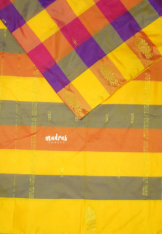 Purple yellow kattam - Arani semi silk saree multi colour checks - Paalum Pazhamum