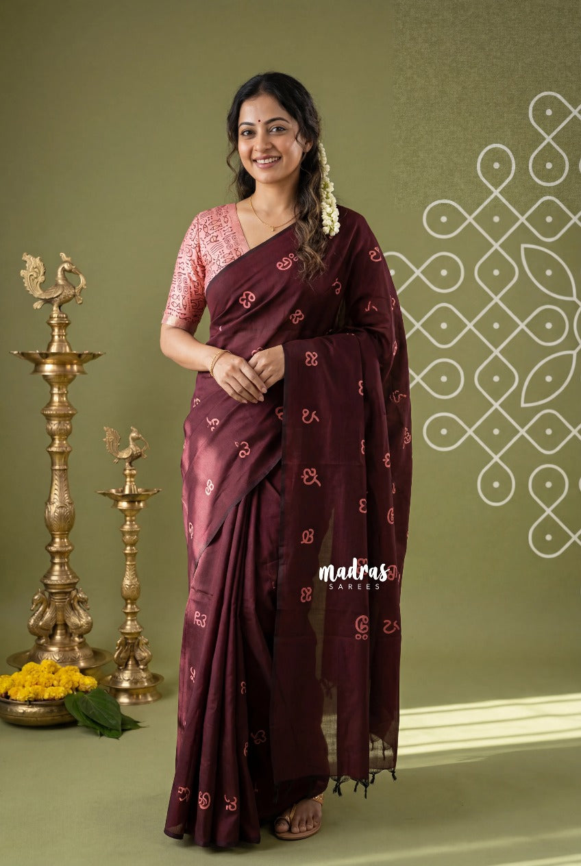 Royal Maroon - Aathini - Telugu Letters Handblock Printed Bamboo Cotton Double Blouse Combo