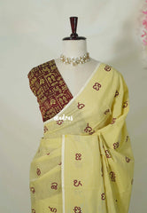 Butter Yellow with Maroon - Aathini - Telugu Letters Handblock Printed Bamboo Cotton Double Blouse Combo