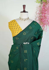 Bottle Green & Yellow - Aathini - Kannada Letters Handblock Printed Bamboo Cotton Double Blouse Combo