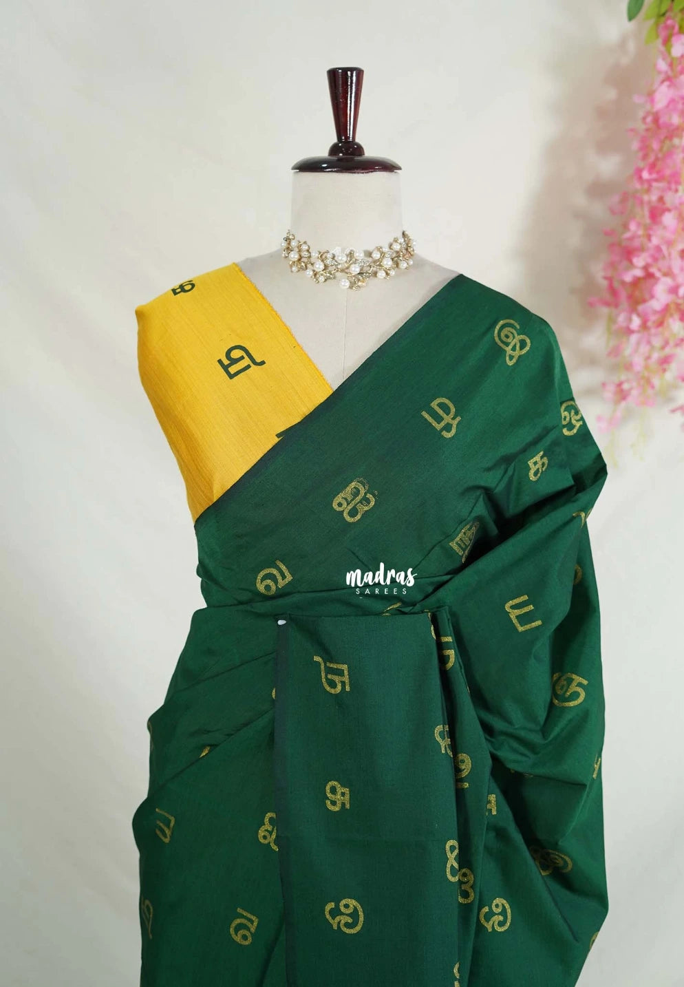 Bottle Green - Aathini - Tamizh Letters Handblock Printed Bamboo Cotton - Double Blouse Combo