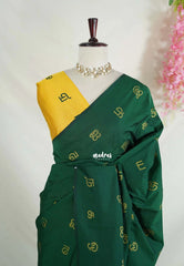Bottle Green - Aathini - Tamizh Letters Handblock Printed Bamboo Cotton - Double Blouse Combo