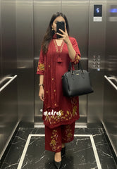 Deep Red – Aavani - Pre-Washed Handspun Cotton Ready-Made 3 piece Kurti Set with Floral Embroidery – Perfect for Office & Everyday Wear