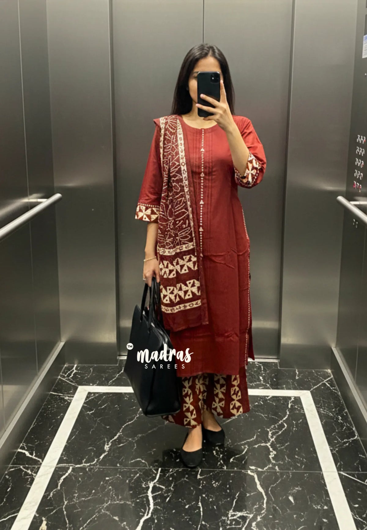 Earthen Brick red – Aavani - Pre-Washed Handspun Cotton 3 piece Kurti Set – Perfect for Office & Everyday Wear