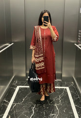 Earthen Brick red – Aavani - Pre-Washed Handspun Cotton 3 piece Kurti Set – Perfect for Office & Everyday Wear