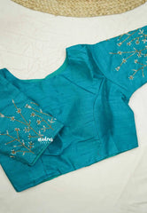 Turquoise blue silkcotton High neck readymade work blouse with back hook - Aazhi