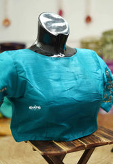 Turquoise blue silkcotton High neck readymade work blouse with back hook - Aazhi