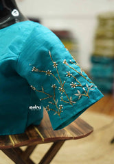 Turquoise blue silkcotton High neck readymade work blouse with back hook - Aazhi