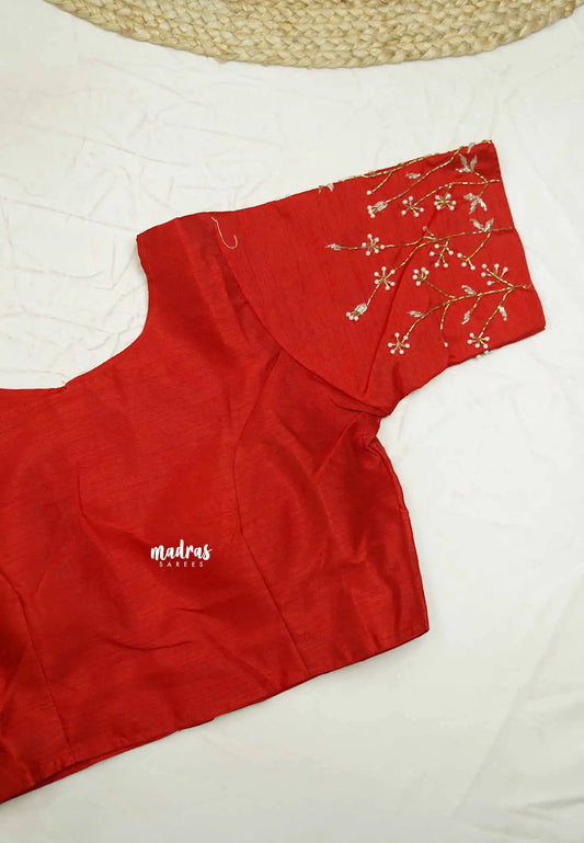 Red silkcotton High neck readymade work blouse with back hook - Aazhi